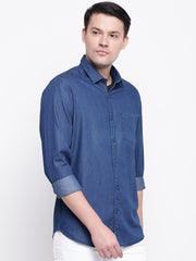 Blue Spread Collar Denim Casual Shirt