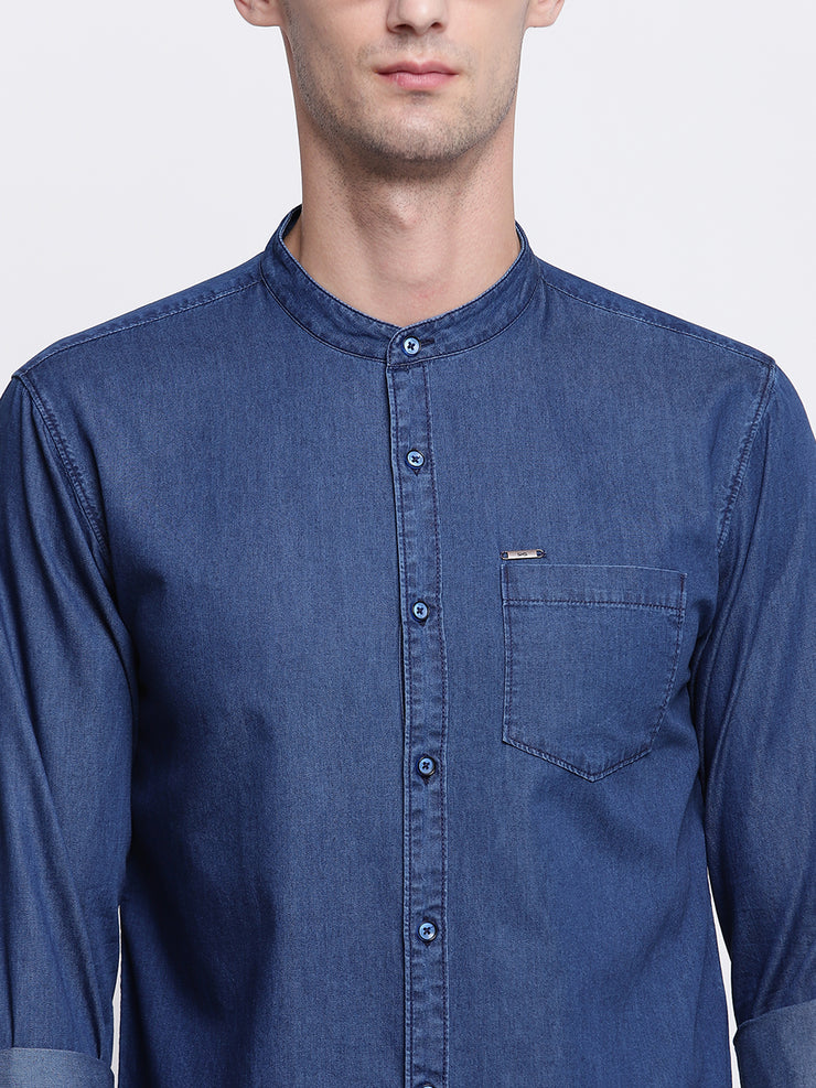 Blue Denim Mandarin Collar Casual Shirt
