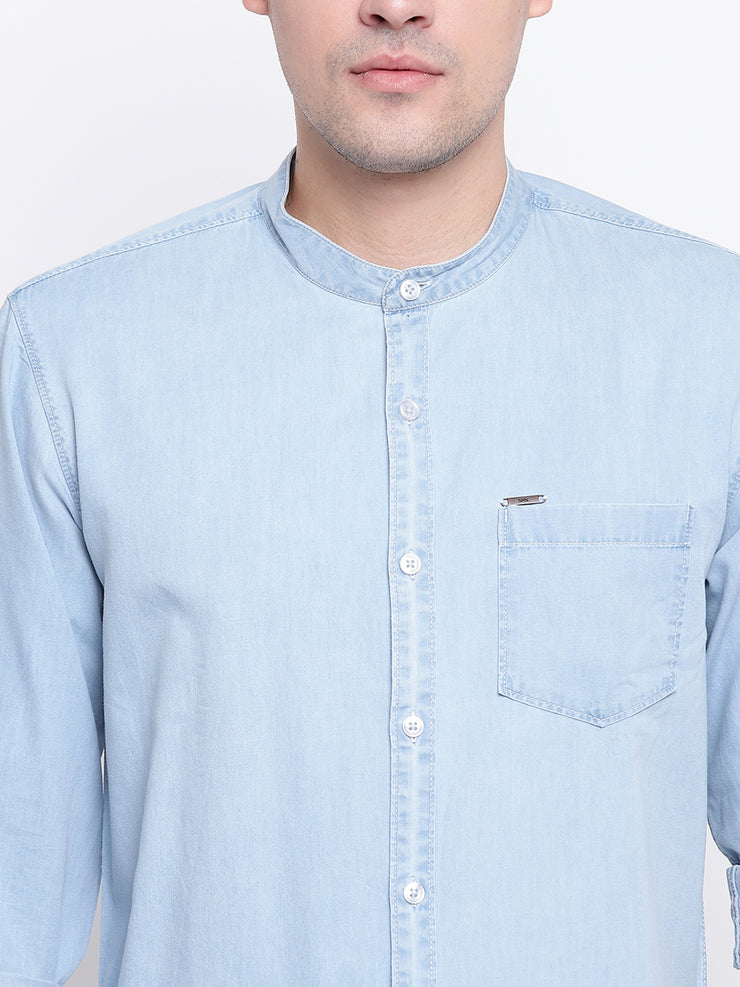 Blue Denim Mandarin Collar Casual Shirt