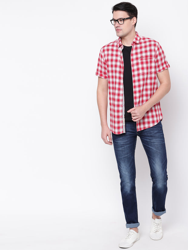 Red Half Sleeves Cotton Shirt