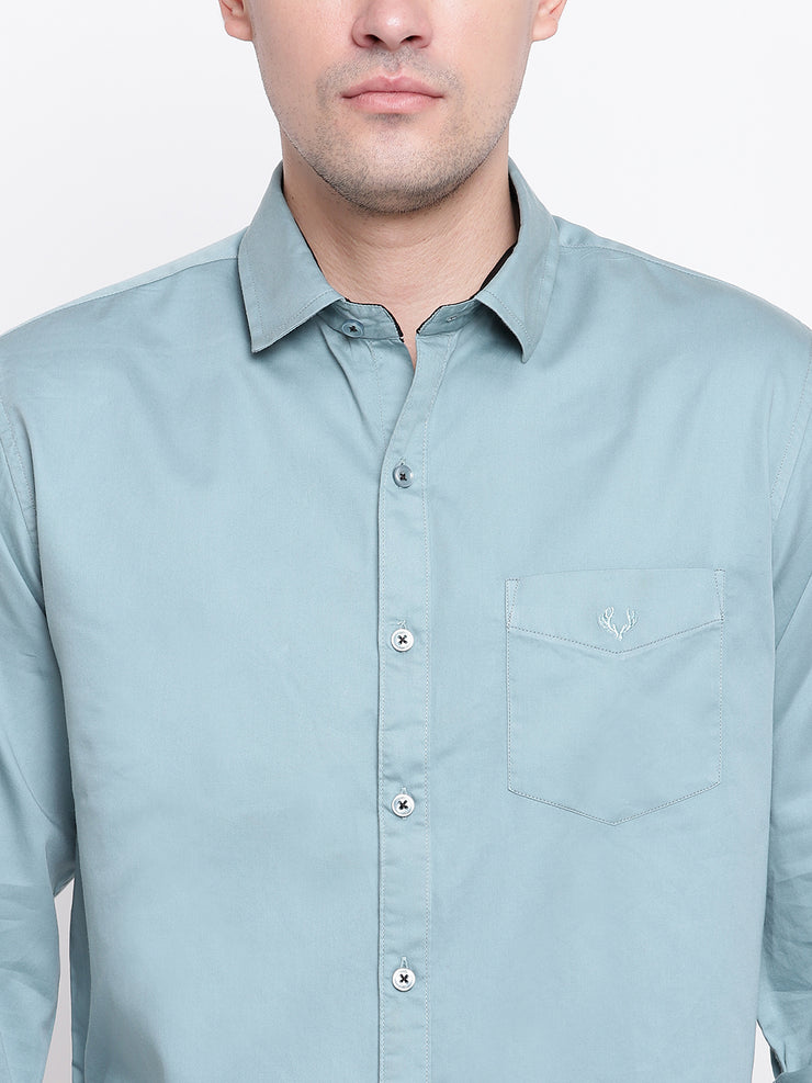 Turquoise Casual Full Sleeves Satin Shirt