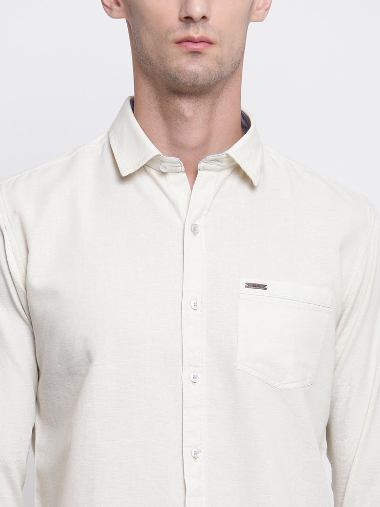 Cream Solid Cotton Full Sleeves Shirt