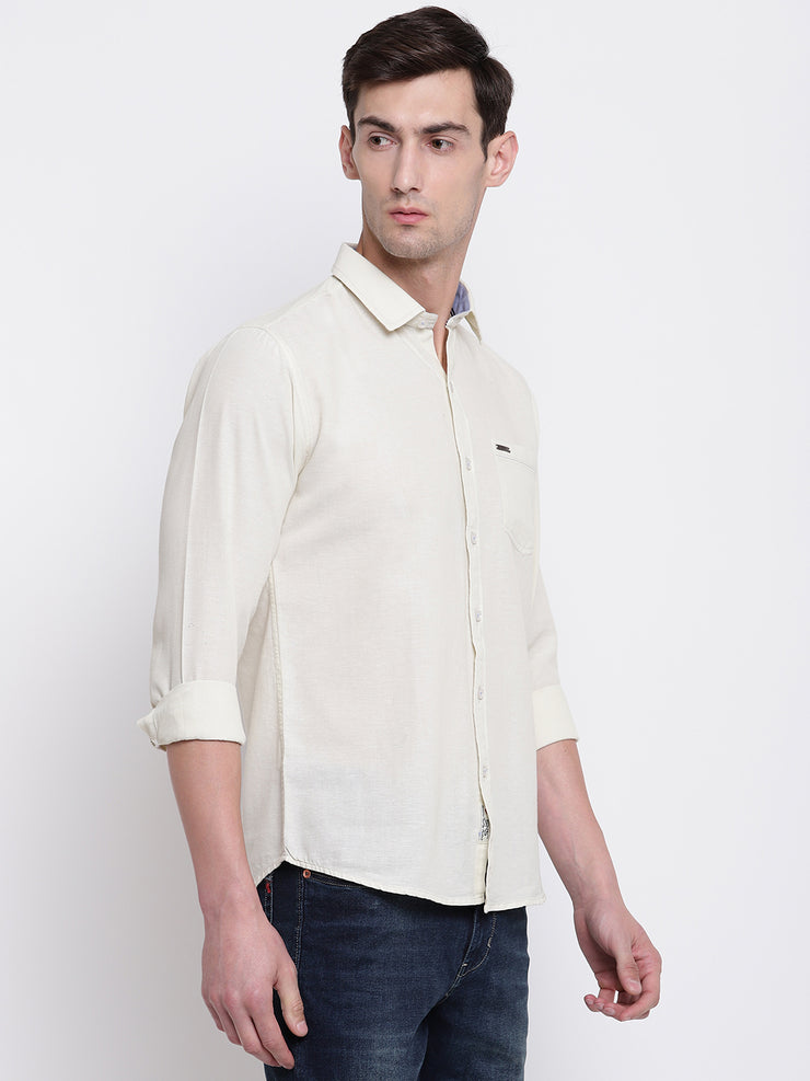 Cream Solid Cotton Full Sleeves Shirt