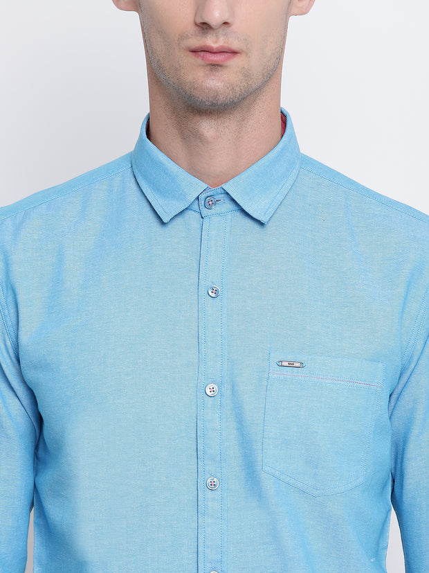 Blue Solid Cotton Full Sleeves Shirt