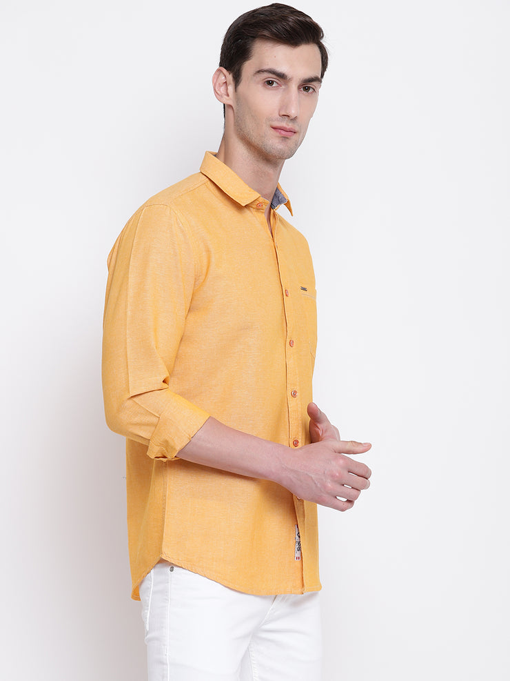 Yellow Solid Cotton Full Sleeves Shirt