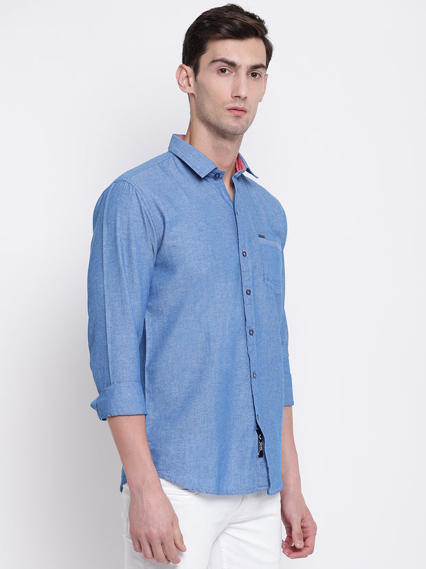Blue Solid Cotton Full Sleeves Shirt