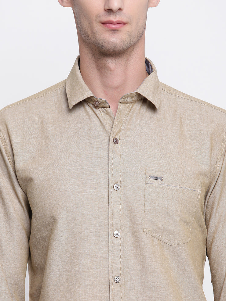 Beige Solid Cotton Full Sleeves Shirt