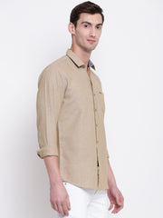 Beige Solid Cotton Full Sleeves Shirt