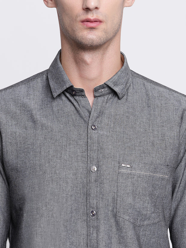 Grey Solid Cotton Full Sleeves Shirt