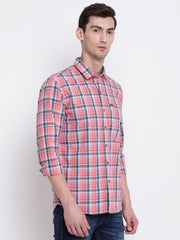 Checkered Pink Spread Collar  Casual Cotton Shirt