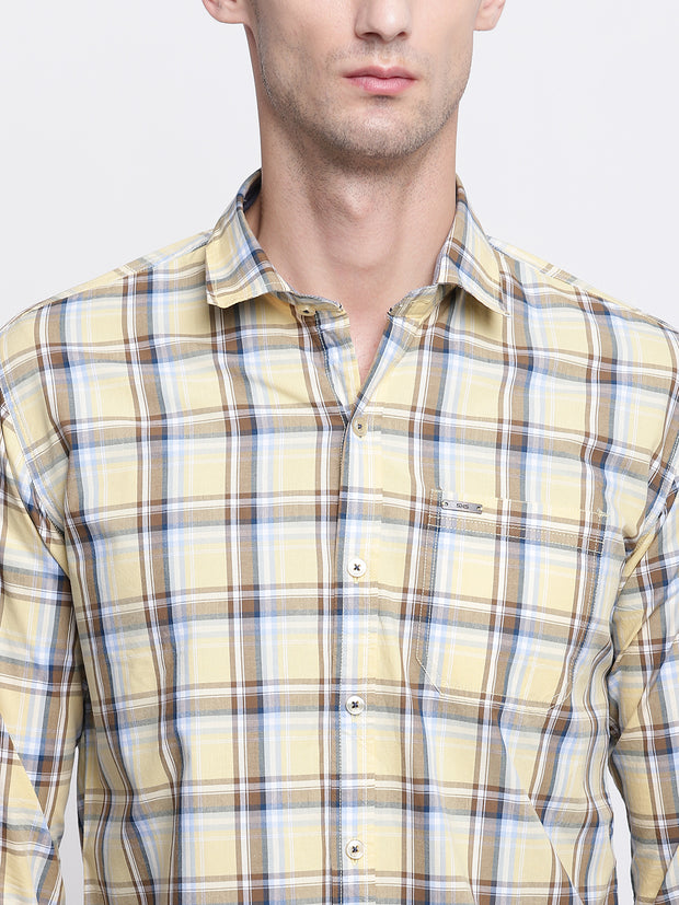 Checkered Yellow Spread Collar  Casual Cotton Shirt