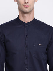 Blue Mandarin Collar Cotton Casual Shirt