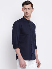 Blue Mandarin Collar Cotton Casual Shirt