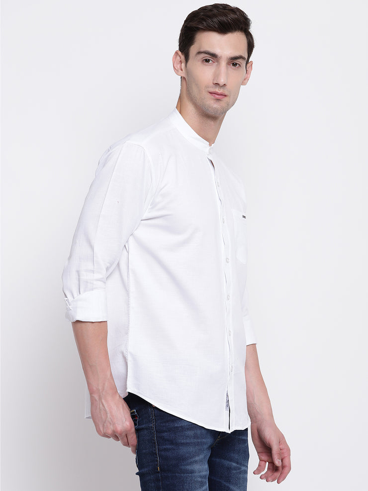 White Mandarin Collar Cotton Casual Shirt
