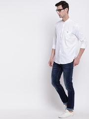 White Mandarin Collar Cotton Casual Shirt