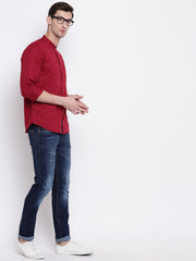 Red Mandarin Collar Cotton Casual Shirt