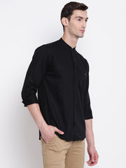 Black Mandarin Collar Cotton Casual Shirt