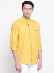 Yellow Mandarin Collar Cotton Casual Shirt