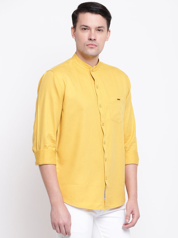 Yellow Mandarin Collar Cotton Casual Shirt