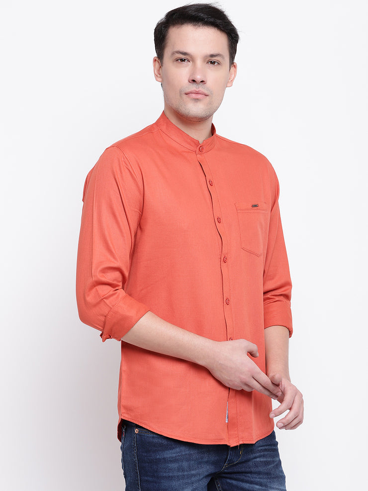 Brown Mandarin Collar Cotton Casual Shirt